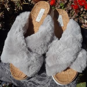 Steven New York Cozy Grey Faux Fur Platform Sandals